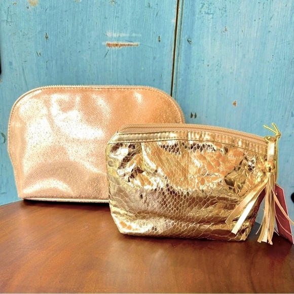 Cosmetic bag bundle (2) one in peach/gold foil & other in gold snakeskin pattern - Picture 4 of 10